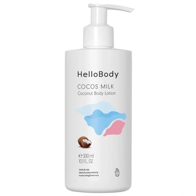 Afbeelding van HelloBody Cocos Milk vochtinbrengende bodylotion 300 ml met biologische kokosolie en mango sheaboter voor droge huid natuurlijke verzorging van de