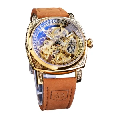 Afbeelding van FORSINING Fancy Herenhorloges, vierkant, retro, mechanisch, zelfwind, gesneden, tandwiel, gouden skelet, automatische horloges, vintage lederen band, Goud, Retro