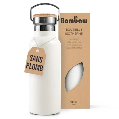 Afbeelding van Bambaw® 500ml RVS Thermosfles Isoleerfles, Dubbelwandig, Lekvrijen, loodvrij en Plasticvrij Geïsoleerde Fles met Bamboe Deksel voor Warme Koude Dranken Ideaal Reizen, Werk, Yoga, Wandelen Dagelijks Gebruik wit