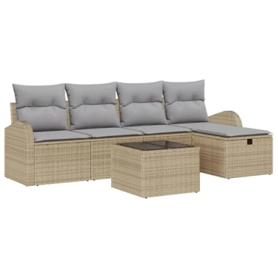 Afbeelding van vidaXL 6 delige tuinsofa set met kussens Beige Poly Rattan, 2 zits opbergruimte &amp; Rattan