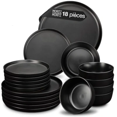 Afbeelding van Moritz &amp; Nordic 18 delig tafelservies voor 6 personen, zwart, elegant, van hoogwaardig aardewerk, bestaande uit platte borden, dessertborden, soepborden