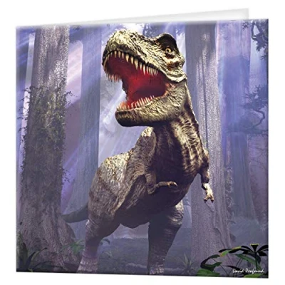 Afbeelding van 3D LiveLife wenskaart Deluxebase T Rex scène. Lenticulaire kaart kleurrijke dinosaurus voor elke gelegenheid en leeftijd, verjaardag. origineel gelicentieerd door kunstenaar, David Penfound