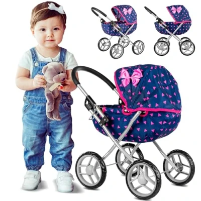 Afbeelding van Kinderplay KP0260T Poppenkinderwagen vanaf 2, 3 jaar, speelgoed, marineblauw, combi poppenwagen, lichte en stabiele constructie, in hoogte verstelbaar 54 cm, outdoorspeelgoed