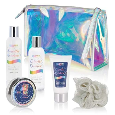 Afbeelding van BRUBAKER Cosmetics 6 Delige Eenhoorn Schoonheidsset Cadeautip Cadeau Idee Kleurrijke Regenboog met Vanille Lavendel Geur in een Toillettas Moederdag cadeautje