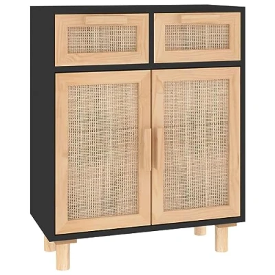 Image de vidaXL Buffet Noir 60x30x75 cm Bois de pin massif et rotin naturel345637
