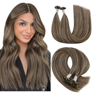 Afbeelding van YoungSee Haarverlenging, warm, donkerbruin, 55 cm, extensions, echt haar, keratine, Remy bruin, met blond, highlight, haarverlenging voor lang 50 strengen / g, U tip,