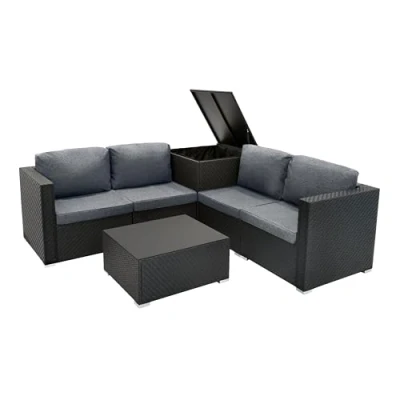 Afbeelding van Rotan Modulaire Tuinmeubelen 6 Delige Set, Zwart, 4 Zits Zitbank, Sectionele Stoelen met Kussens, Salontafel Glazen Blad, 250L Opbergkist, Wasbare Waterdichte Regenhoes, Buiten, Terras