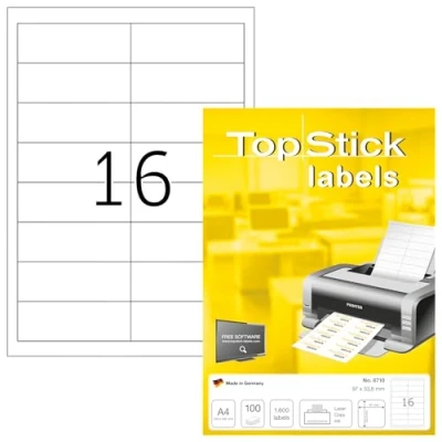 Afbeelding van TopStick 8710 Universele etiketten 97 x 33,8 mm, 16 per vel A4, 1600 stuks, zelfklevend, bedrukbaar, mat, wit, 100 vellen