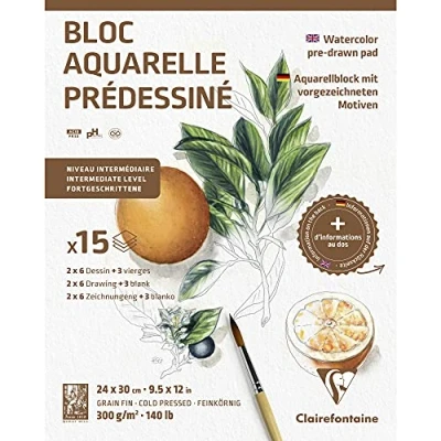 Afbeelding van Aquarelblok Botanisch Voorgedrukt 24x30cm 300 grams ClaireFontaine 15 vel