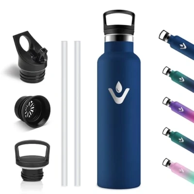 Afbeelding van Vikastar Roestvrijstalen thermosfles, 750 ml, BPA vrij, met rietje, voor school, sport, fietsen, kamperen, donkerblauw