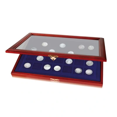 Afbeelding van Safe Safe, Presentatie Display, Premium vak afm: 40x40 mm. (28 st.) Mahoniekleur met blauw interieur 375x260x30 per st.