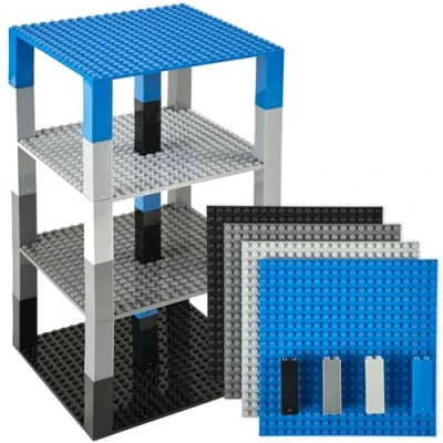 Afbeelding van Strictly Briks Set van 4 grondplaten met verbeterde 2 x stackers kwaliteit voor het bouwen een toren compatibel de grootste merken 15,4 cm blauw, grijs, zwart