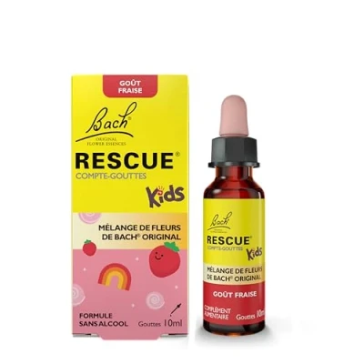 Image de RESCUE KIDS Compte Gouttes goût Fraise Bien être émotionnel Mélange de 5 Fleurs Bach Original Idéal pour la rentrée des classes, les voyages et vacances Sans alcool Flacon 10ml