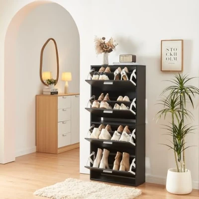 Afbeelding van Schoenenkast Sykkylven 4 kleppen zwart 134x60x24 cm [en.casa]