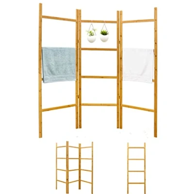 Afbeelding van XL Handdoekladder van Bamboe 180x180 Kledingladder Deco Muurladder Plank Kledingrek Houten ...