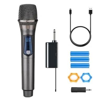 Afbeelding van HUACAM Draagbare draadloze microfoon met oplaadbare ontvanger en 3,5 mm adapter, geschikt voor karaoke zingen, grijs