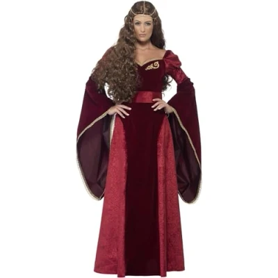 Afbeelding van Smiffys Middeleeuws koningin Deluxe kostuum, rood, met jurk, riem en hoofdtooi L