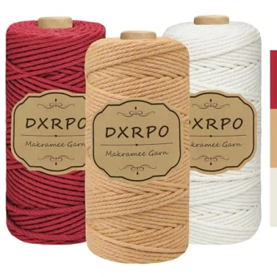 Afbeelding van DXRPO Set van 3 macramégaren, mm x 100 m, katoengaren voor doe het zelf handwerk, hangplanten, Kerstmis, boho decoratie (natuur, bruin, donkerrood)
