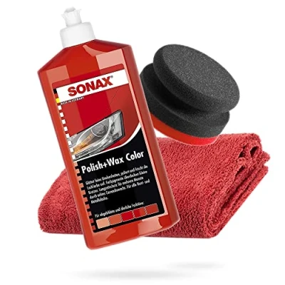 Afbeelding van detailmate SONAX handpolijstset Polish+Wax Color rood 500 ml handpolijstspons hard Ø90/50 mm Edgeless microvezel polijstdoek 550GSM