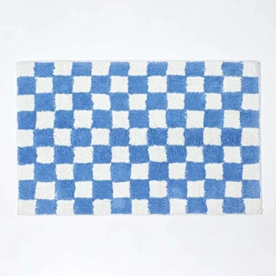 Afbeelding van Homescapes Geruite antislipbadmat 100% katoen, blauw en wit