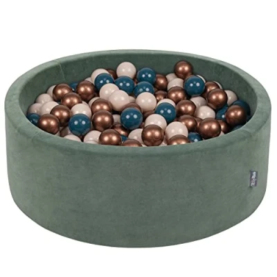 Afbeelding van KiddyMoon Velours ballenbad, 90 x 30 cm, 300 ballen met een diameter van 7 voor baby&#039;s, rond, gemaakt in de EU, bosgroen: donkerturquoise/pastelbeige/koper
