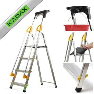 Afbeelding van KADAX Aluminium ladder, met leuning, maximale belasting: 150 kg, ladder in 4 treden, opvouwbare huisladder, borstelvak, antislipvoeten (4 treden)