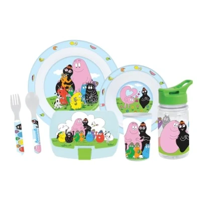 Image de FUN HOUSE Set Complet Boite Repas Barbapapa Pour Enfant 1 Verre, 2 Assiettes + Couverts Gourde et Goûter Licence Officielle Réutilisable Micro ondable Idée Cadeau