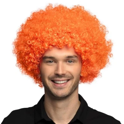 Afbeelding van Boland Pruik Groove Oranje Afro Kort Unisex Danser/danseres Koningsdag Holland Supporter Disco
