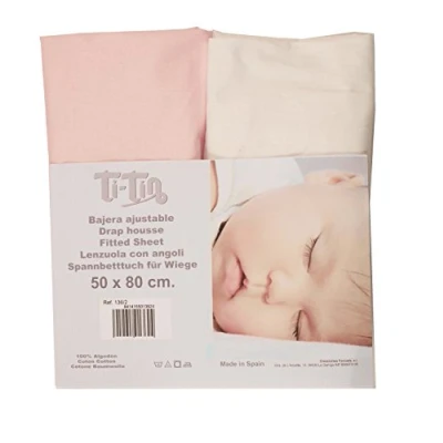 Afbeelding van Ti TIN Set van 2 hoeslakens voor kinder /babybed, 70 x 140 cm, zacht, ademend, comfortabel en verstelbaar, 100% katoen, zonder motief, effen, wit roze