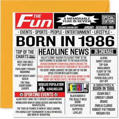 Image de Stuff4 Cartes d&#039;anniversaire 38 ans pour homme et femme Journal Born In 1986 Carte frère, sœur, amis Rétro en 1986, 145 mm x