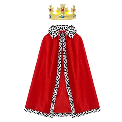 Afbeelding van VIKSAUN Koningscape voor kinderen, rood, koninklijk kostuum, bal, prins, cape, middeleeuws kroon, koninklijke jas van fluweel, cosplay, koning, koningin, carnaval, Halloween,