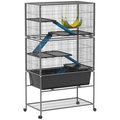 Afbeelding van PawHut Kooi voor kleine dieren, knaagdieren, fretten met uittrekbare plaat, hellingen, hangmat, wielen, rek, accessoires eekhoorns, dwerghamsters, chinchilla&#039;s, donkergrijs