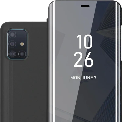 Afbeelding van Cadorabo Hoesje geschikt voor Samsung Galaxy A51 4G / M40s in TOERMALIJN ZWART Clear View Spiegel Beschermende Case met Tribunefunctie 360 Graden Bescherming Book Cover Etui