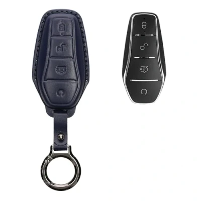 Afbeelding van kwmobile leren autosleutel hoesje geschikt voor BYD Atto 3 / Sealion Han Tang Dolphin Seal Als sleutelhanger met sleutelring Echt leer in donkerblauw