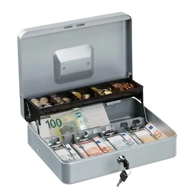 Afbeelding van Relaxdays Afsluitbare geldkist, geldlade en 4 vakken voor bankbiljetten, ijzeren kist, H x B D: 8,5 30,5 24,5 cm, zilver