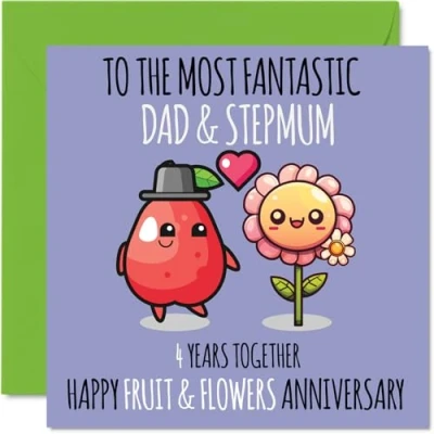 Afbeelding van Schattige linnen verjaardagskaart voor papa en stiefmoeder 4 jaar samen wenskaarten 4e huwelijksverjaardag stiefmoeder, papa, 145 mm x