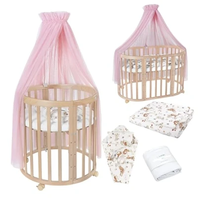 Afbeelding van Waldin OWAL Baby Bed 7in1, Lit à Barreaux avec Matelas, Commode Langer, Évolutif Bébé Ovale Matelas et Roulettes, Bois Naturel, Tissus Animaux Rose