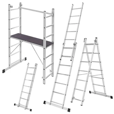 Afbeelding van KADAX Aluminium steiger, 114 x 187 cm, steiger met 14 treden, multifunctionele ladder platform en antislipvoetjes