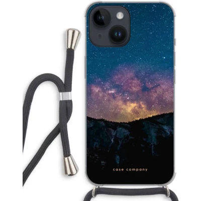 Afbeelding van Case Company® hoesje met Koord geschikt voor iPhone 14 Travel to space Telefoonhoesje Zwart Extra Bescherming aan alle Kanten en Over de Schermrand