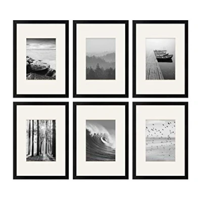 Afbeelding van Set van 6 fotolijsten 21x30 cm A4 met passe partout 13x18 modern zwart gemaakt MDF acrylglas Portretlijst Wissellijst Posterlijst