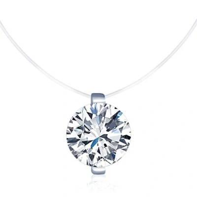Afbeelding van Belons 925 Sterling Zilver 8mm Cubic Zirconia Dames Meisjes Solitaire Hanger Ketting Onzichtbare Nylon Choker, 40 cm