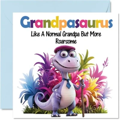 Afbeelding van Carte d&#039;anniversaire pour grand père Grandpasaurus rugissant de la part petit fils et petite fille, 145 mm x Dinosaure Cartes vœux