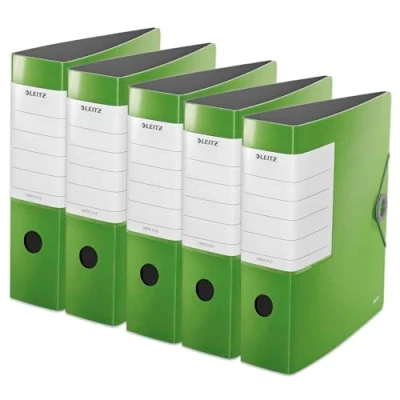 Afbeelding van Leitz 5 stuks 11120050 kwaliteitsmappen 180, robuust, DIN A4, lichtgroen, rug 8,2 cm, elastische sluiting, gemaakt van robuust polyschuim, extra groot verwisselbaar etiket
