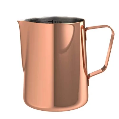 Afbeelding van bonVIVO Muvo roestvrijstalen melkkan met koperen afwerking, 330 ml, barista praktische maattabel, voor perfecte cappuccino of latte