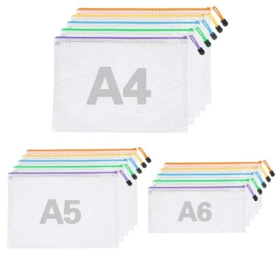 Afbeelding van 15 x A4 A5 A6 documentenhoezen, 5 kleuren, waterdichte documententas, transparante tas met ritssluiting voor bestanden, cosmetica, kantoorbenodigdheden, reizen