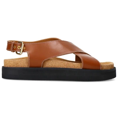 Afbeelding van Sacha Dames Cognac leren plateau sandalen met goudkleurige buckles Maat 37