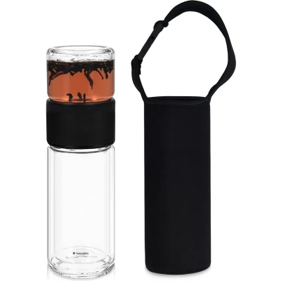 Afbeelding van Navaris glazen theefles met zeef Theebeker voor onderweg Fles thee infuser en beschermhoes Inhoud 240 ml RVS Borosilicaatglas Zwart