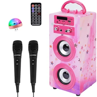Afbeelding van DYNASONIC Draagbare karaoke machine, 2 microfoons, bluetooth luidspreker, verlichting, USB en SD speler, cadeau voor kinderen van 5 tot 13 jaar