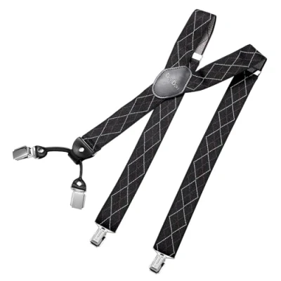 Afbeelding van DonDon Bretels voor heren, verstelbare bretels, 3,5 cm, cm breed, 4 clips, met Y vormig leer, elastisch, Zwarte ruiten
