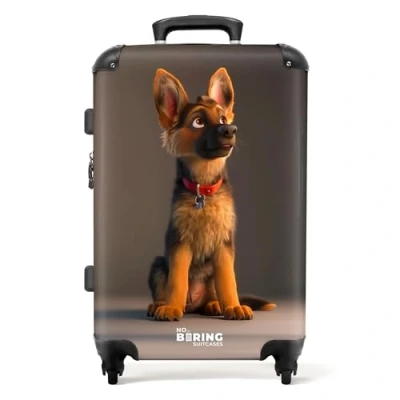 Afbeelding van NoBoringSuitcases.com® Koffer groot Rolkoffer lichtgewicht Herdershond puppy met rode halsband Reiskoffer 4 wielen Grote trolley XL 20 kg bagage